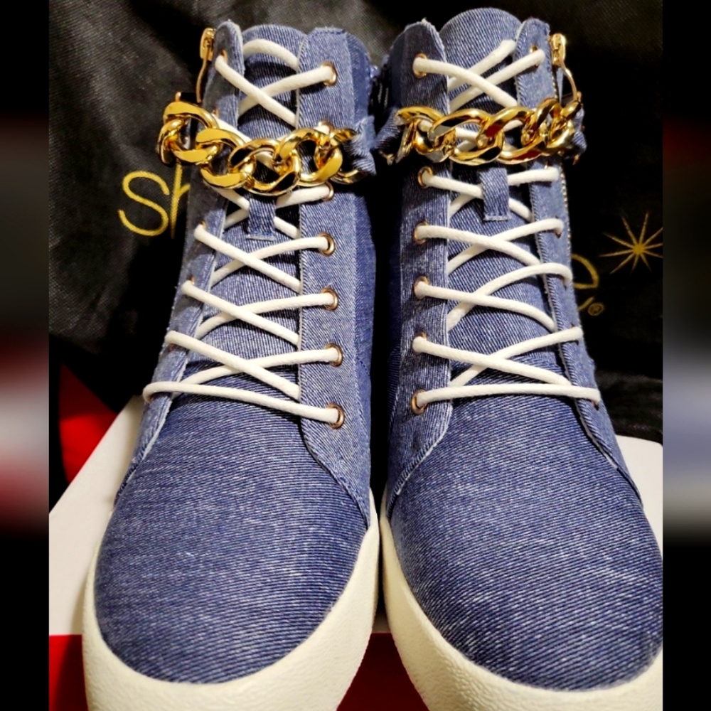 Denim high top chain link shoes